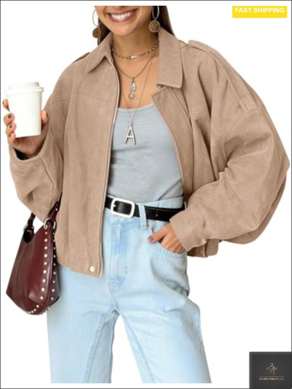 Womens Faux Suede Bomber Jacket Cropped Long Sleeve Oversized